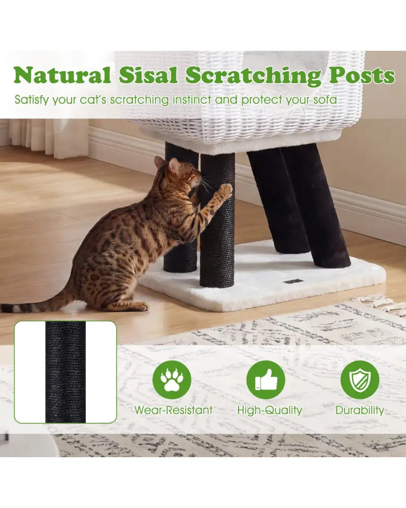 43-Inch Lamb-Shaped Cat Tower with 2-Door Rattan Condo for Indoor Kittens-White - White - Cat Trees Condos & Scratchers