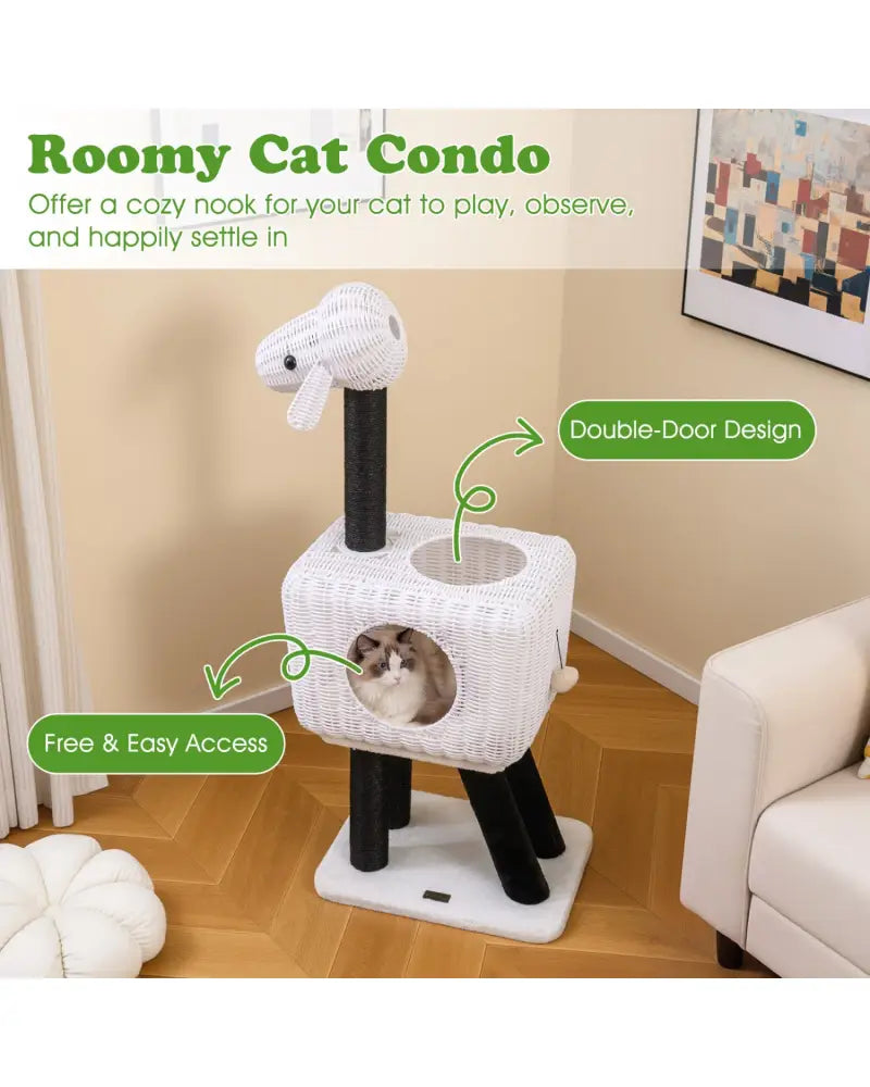 43-Inch Lamb-Shaped Cat Tower with 2-Door Rattan Condo for Indoor Kittens-White - White - Cat Trees Condos & Scratchers