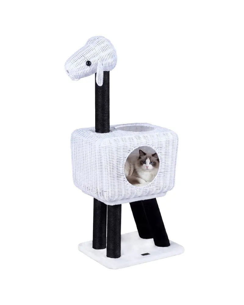 43-Inch Lamb-Shaped Cat Tower with 2-Door Rattan Condo for Indoor Kittens-White - White - Cat Trees Condos & Scratchers