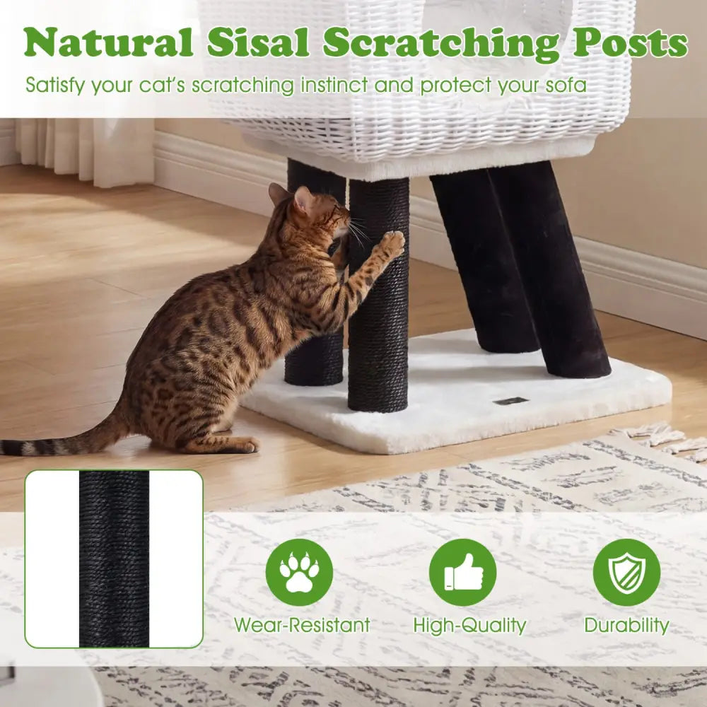 43-Inch Lamb-Shaped Cat Tower with 2-Door Rattan Condo for Indoor Kittens-White - White - Cat Trees Condos & Scratchers