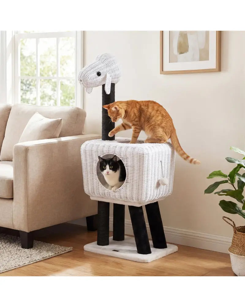 43-Inch Lamb-Shaped Cat Tower with 2-Door Rattan Condo for Indoor Kittens-White - White - Cat Trees Condos & Scratchers