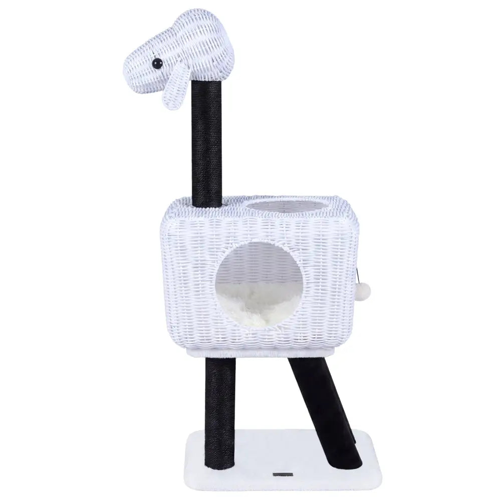 43-Inch Lamb-Shaped Cat Tower with 2-Door Rattan Condo for Indoor Kittens-White - White - Cat Trees Condos & Scratchers