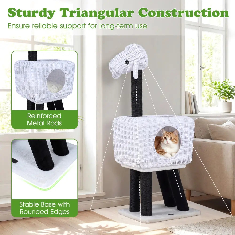43-Inch Lamb-Shaped Cat Tower with 2-Door Rattan Condo for Indoor Kittens-White - White - Cat Trees Condos & Scratchers