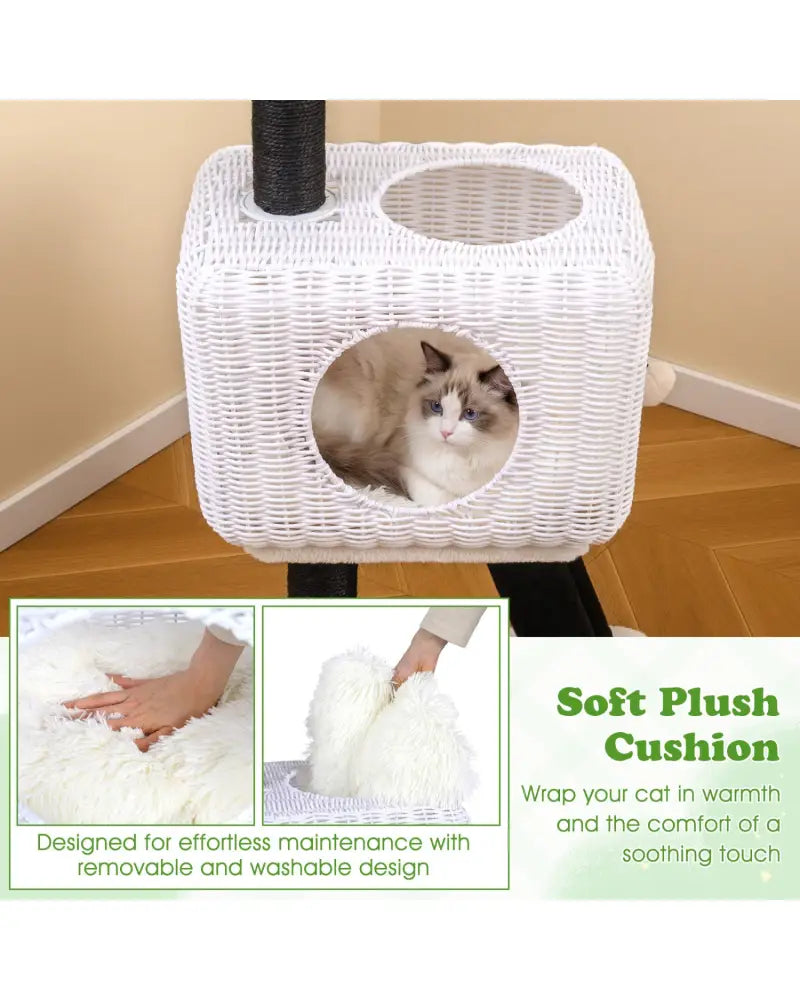 43-Inch Lamb-Shaped Cat Tower with 2-Door Rattan Condo for Indoor Kittens-White - White - Cat Trees Condos & Scratchers