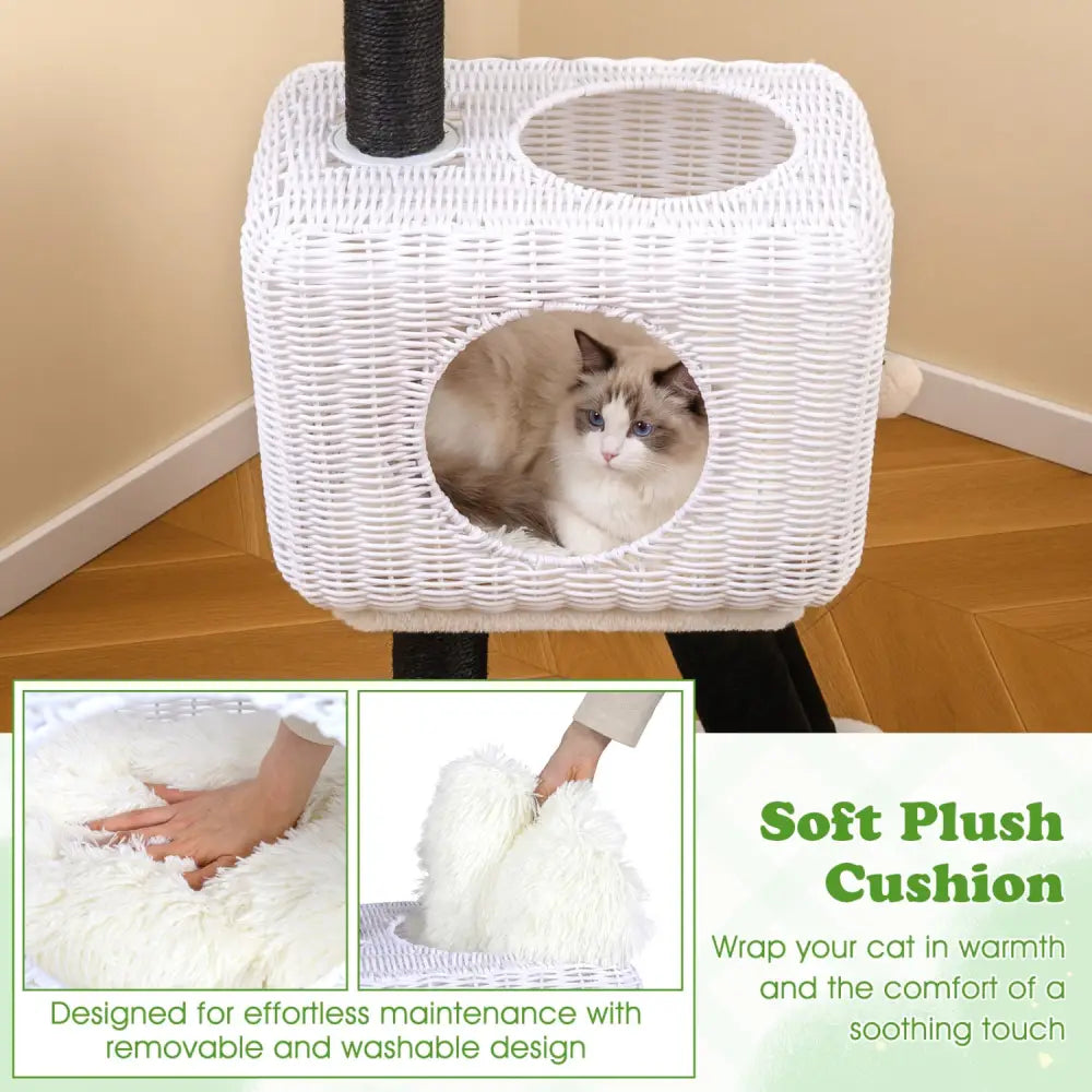 43-Inch Lamb-Shaped Cat Tower with 2-Door Rattan Condo for Indoor Kittens-White - White - Cat Trees Condos & Scratchers