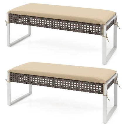 43 Inch Patio Rectangle Ottoman Pack of 2 with Metal Legs and Seat Cushion-Beige - Beige - Outdoor Benches