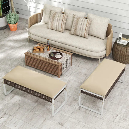 43 Inch Patio Rectangle Ottoman Pack of 2 with Metal Legs and Seat Cushion-Beige - Beige - Outdoor Benches