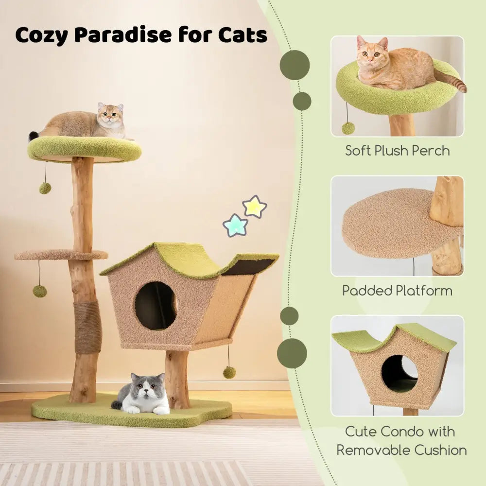 43 Inch Wooden Cat Tree with Padded Top Perch-Green - Green - Cat Trees Condos & Scratchers