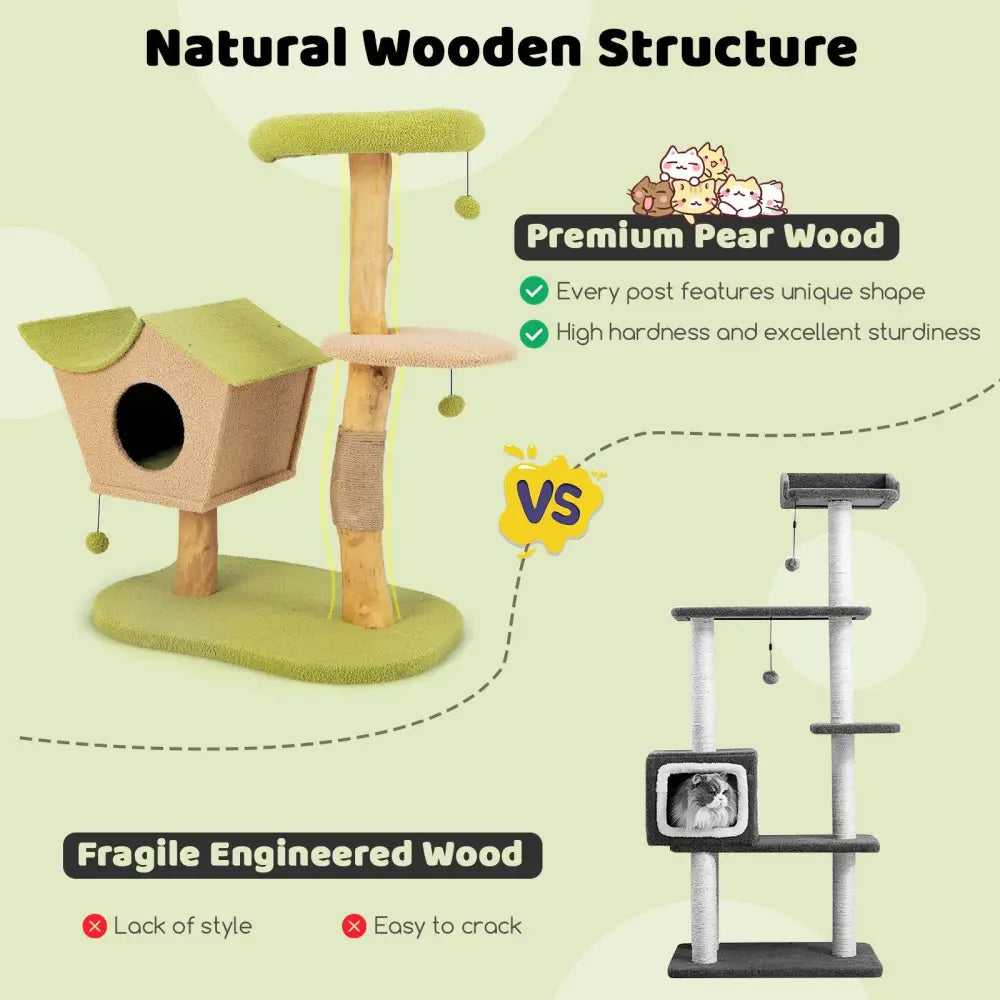 43 Inch Wooden Cat Tree with Padded Top Perch-Green - Green - Cat Trees Condos & Scratchers