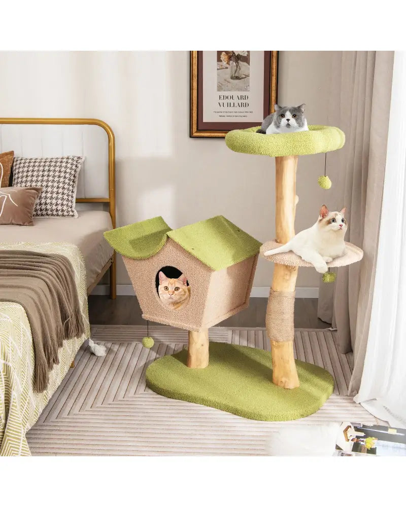 43 Inch Wooden Cat Tree with Padded Top Perch-Green - Green - Cat Trees Condos & Scratchers