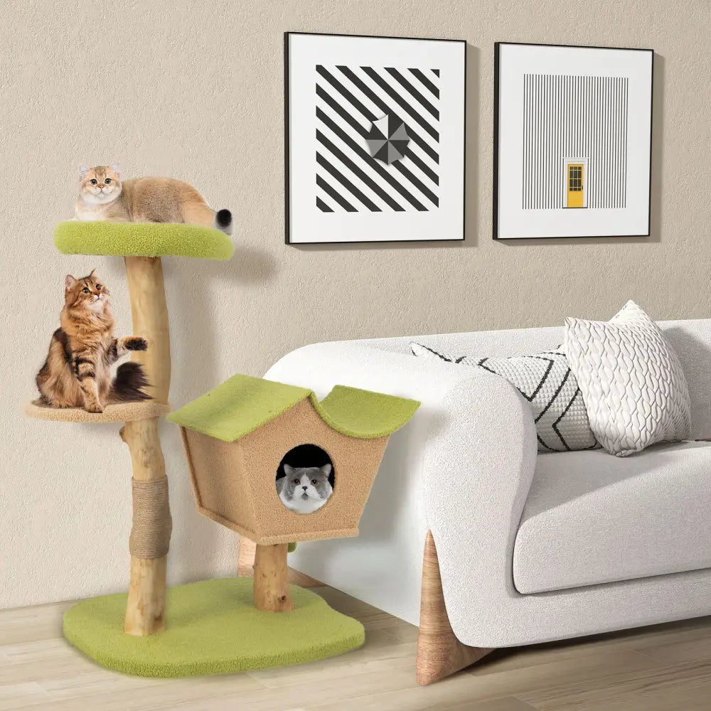 43 Inch Wooden Cat Tree with Padded Top Perch-Green - Green - Cat Trees Condos & Scratchers