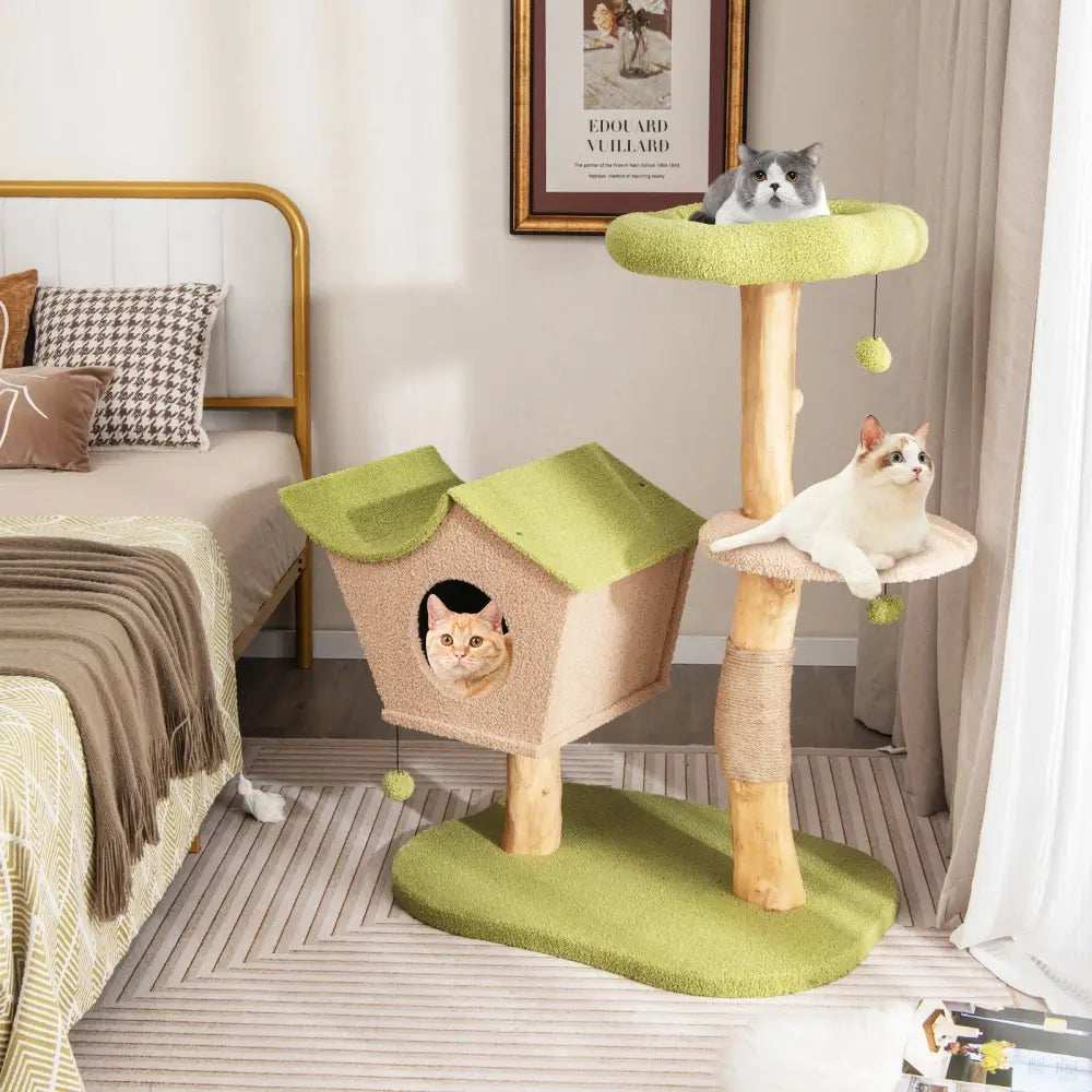 43 Inch Wooden Cat Tree with Padded Top Perch-Green - Green - Cat Trees Condos & Scratchers