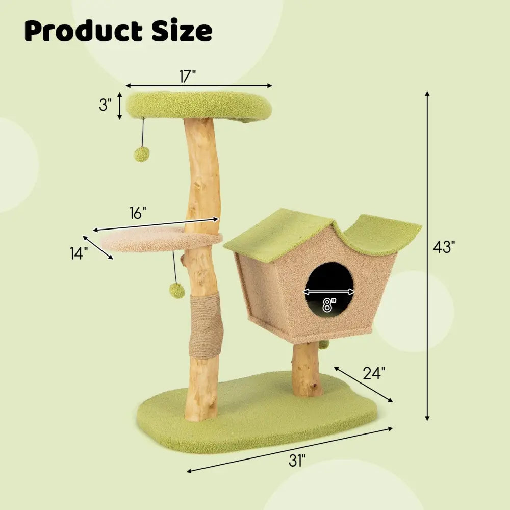 43 Inch Wooden Cat Tree with Padded Top Perch-Green - Green - Cat Trees Condos & Scratchers