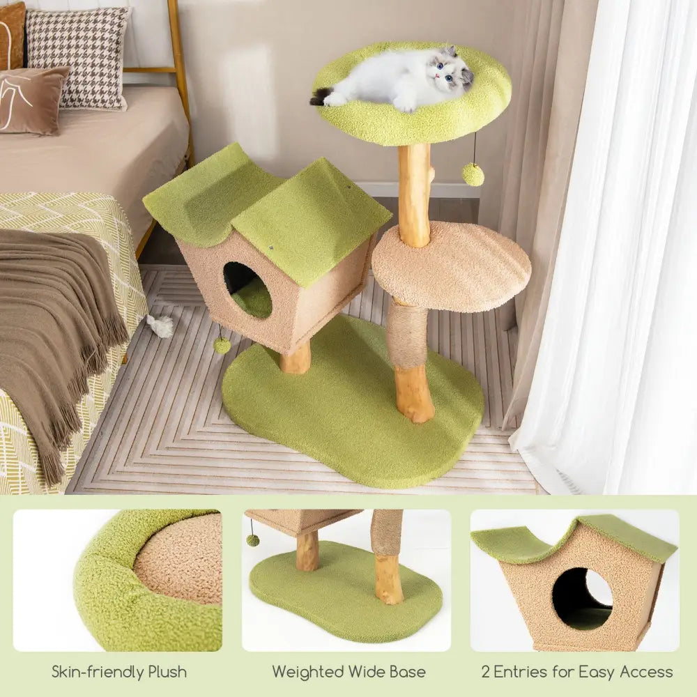 43 Inch Wooden Cat Tree with Padded Top Perch-Green - Green - Cat Trees Condos & Scratchers