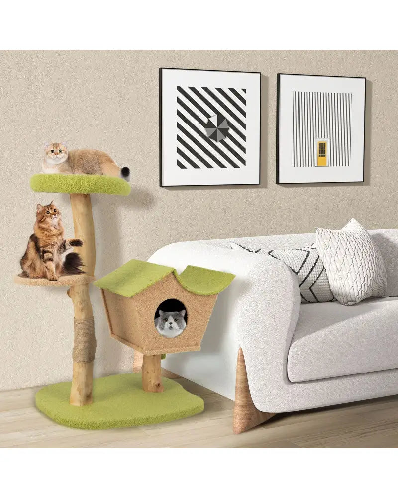 43 Inch Wooden Cat Tree with Padded Top Perch-Green - Green - Cat Trees Condos & Scratchers