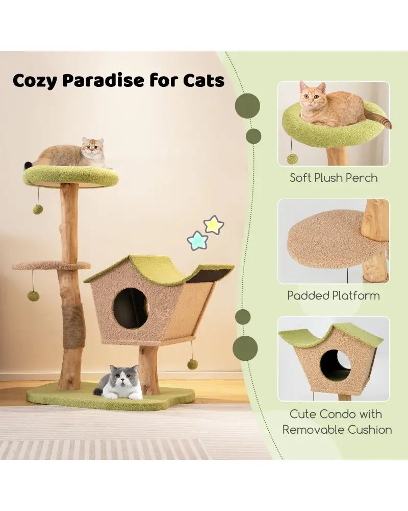 43 Inch Wooden Cat Tree with Padded Top Perch-Green - Green - Cat Trees Condos & Scratchers