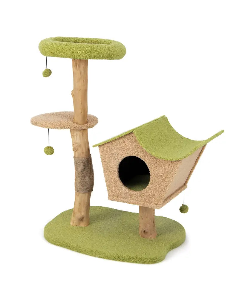 43 Inch Wooden Cat Tree with Padded Top Perch-Green - Green - Cat Trees Condos & Scratchers