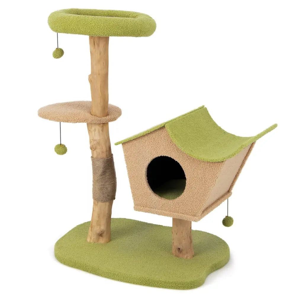 43 Inch Wooden Cat Tree with Padded Top Perch-Green - Green - Cat Trees Condos & Scratchers