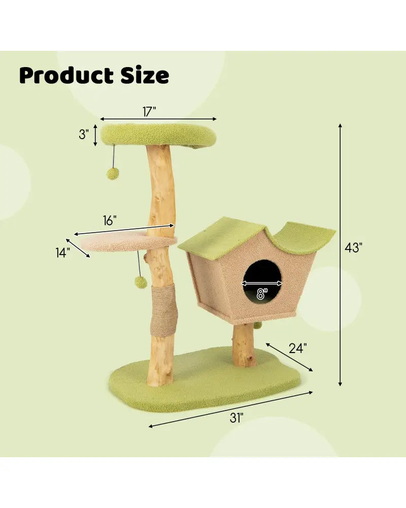 43 Inch Wooden Cat Tree with Padded Top Perch-Green - Green - Cat Trees Condos & Scratchers