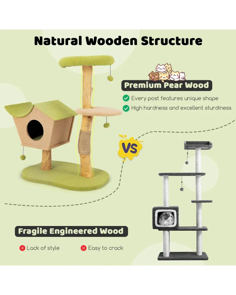 43 Inch Wooden Cat Tree with Padded Top Perch-Green - Green - Cat Trees Condos & Scratchers