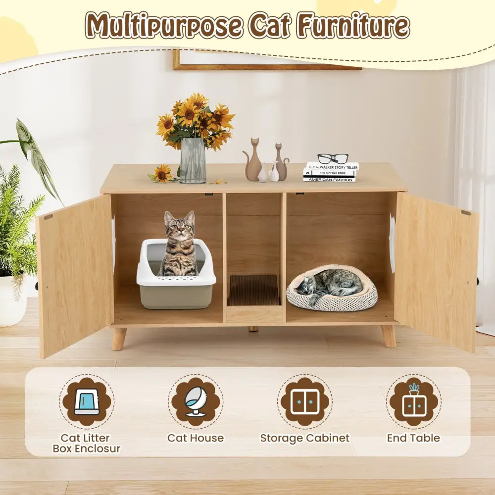 43 Inches Cat Litter Box Enclosure with Double Rooms and 2 Sisal Scratching Mats-Natural - Natural - Cat Houses