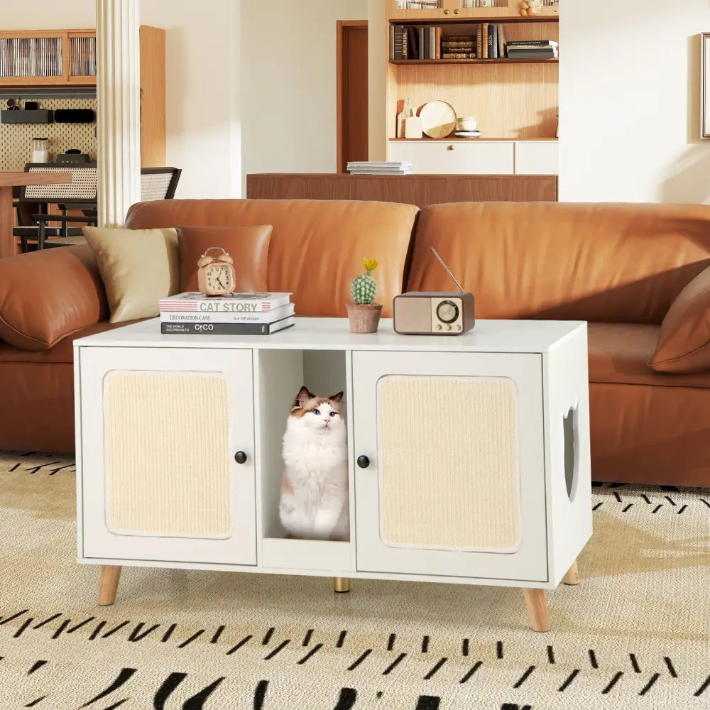 43 Inches Cat Litter Box Enclosure with Double Rooms and 2 Sisal Scratching Mats-White - White - Cat Houses
