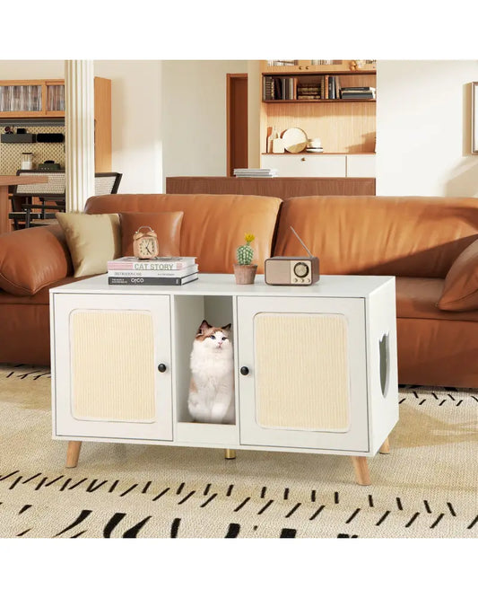 43 Inches Cat Litter Box Enclosure with Double Rooms and 2 Sisal Scratching Mats-White - White - Cat Houses