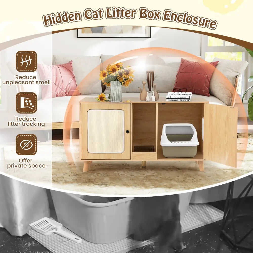 43 Inches Cat Litter Box Enclosure with Double Rooms and 2 Sisal Scratching Mats-Natural - Natural - Cat Houses