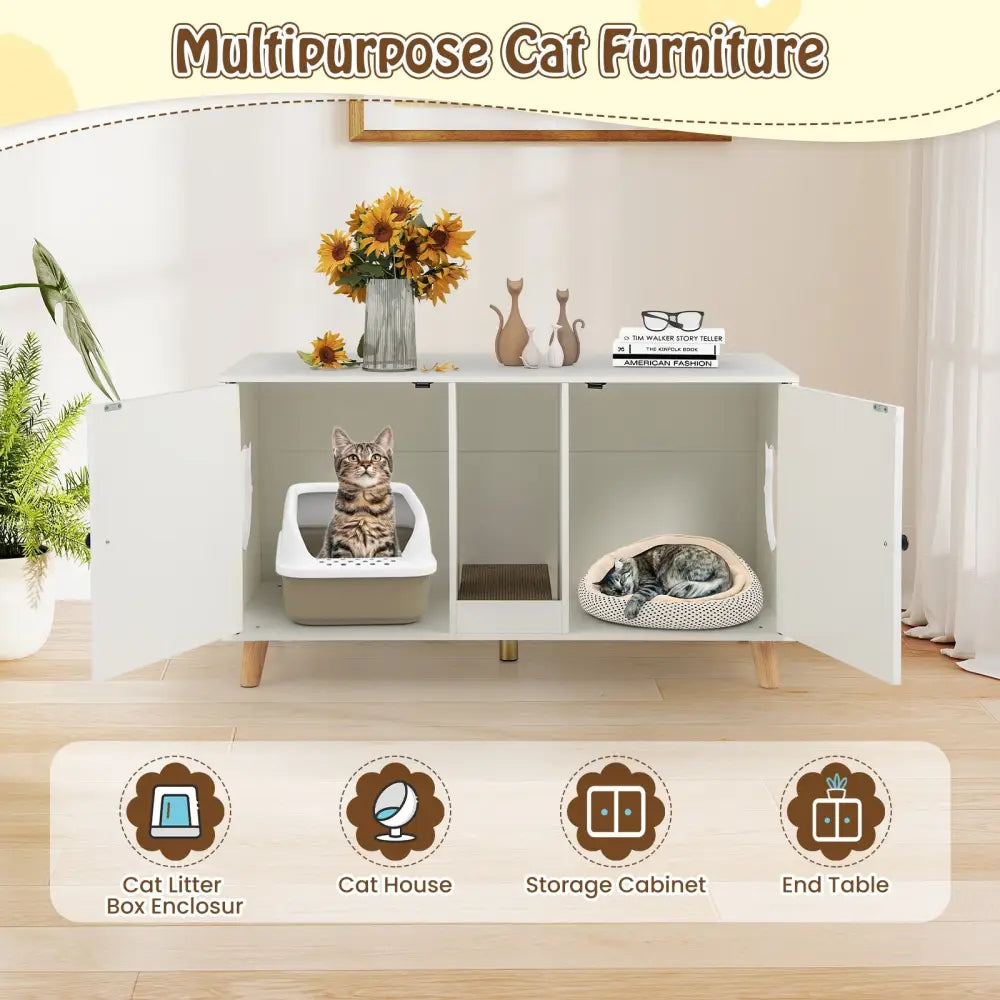 43 Inches Cat Litter Box Enclosure with Double Rooms and 2 Sisal Scratching Mats-White - White - Cat Houses