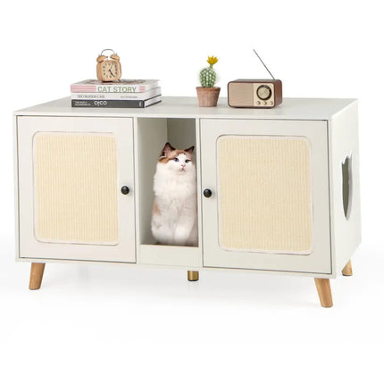 43 Inches Cat Litter Box Enclosure with Double Rooms and 2 Sisal Scratching Mats-White - White - Cat Houses