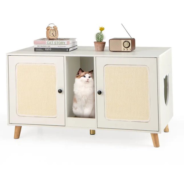 43 Inches Cat Litter Box Enclosure with Double Rooms and 2 Sisal Scratching Mats-White - White - Cat Houses