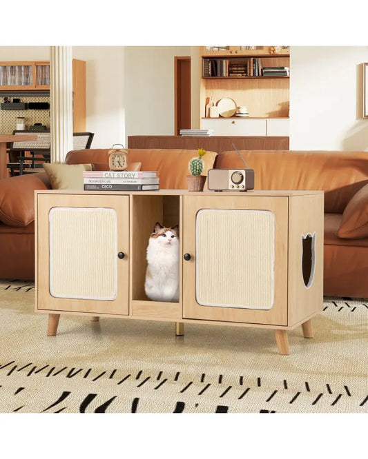 43 Inches Cat Litter Box Enclosure with Double Rooms and 2 Sisal Scratching Mats-Natural - Natural - Cat Houses