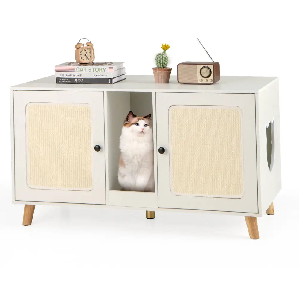 43 Inches Cat Litter Box Enclosure with Double Rooms and 2 Sisal Scratching Mats-White - White - Cat Houses