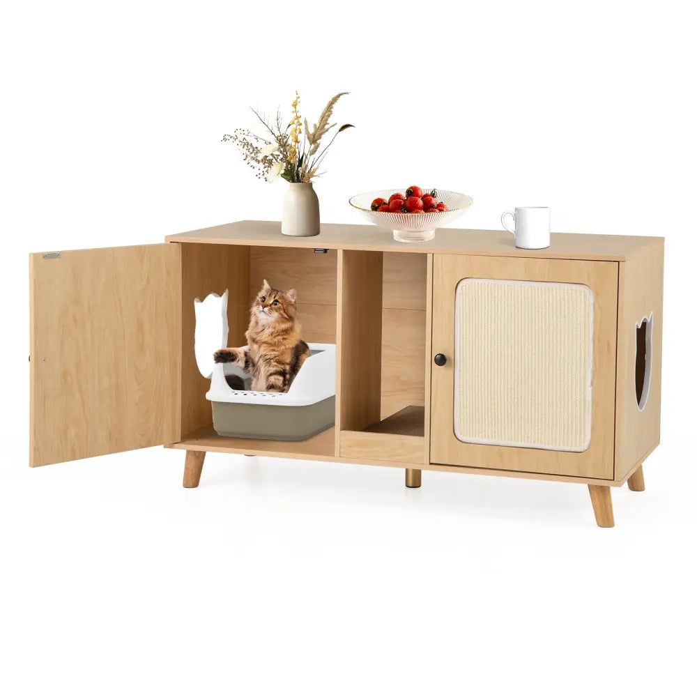 43 Inches Cat Litter Box Enclosure with Double Rooms and 2 Sisal Scratching Mats-Natural - Natural - Cat Houses