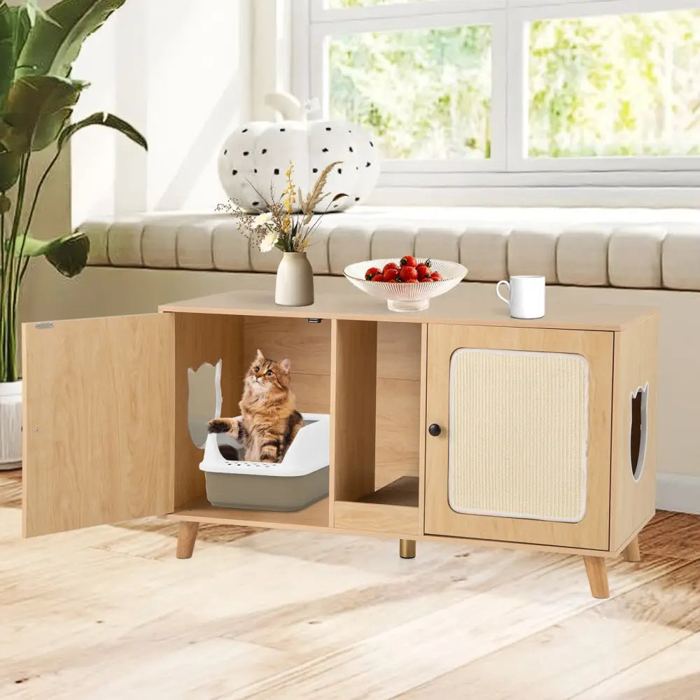 43 Inches Cat Litter Box Enclosure with Double Rooms and 2 Sisal Scratching Mats-Natural - Natural - Cat Houses