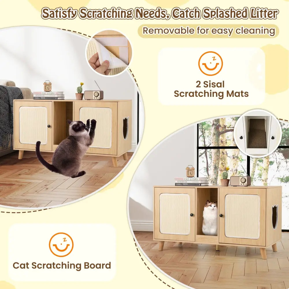 43 Inches Cat Litter Box Enclosure with Double Rooms and 2 Sisal Scratching Mats-Natural - Natural - Cat Houses