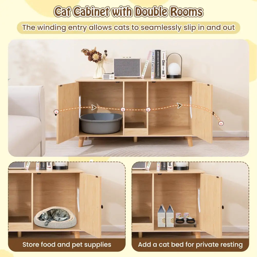 43 Inches Cat Litter Box Enclosure with Double Rooms and 2 Sisal Scratching Mats-Natural - Natural - Cat Houses