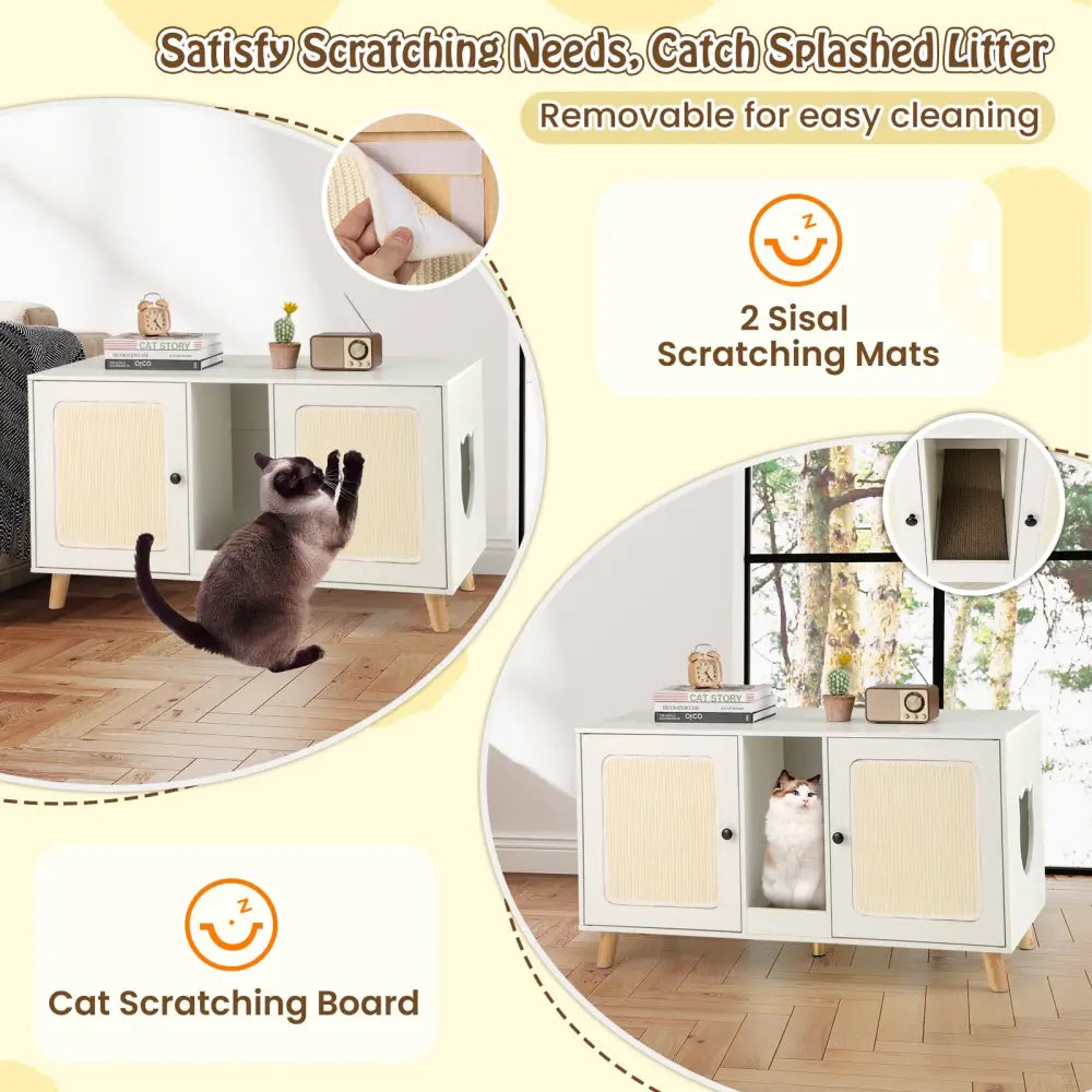 43 Inches Cat Litter Box Enclosure with Double Rooms and 2 Sisal Scratching Mats-White - White - Cat Houses