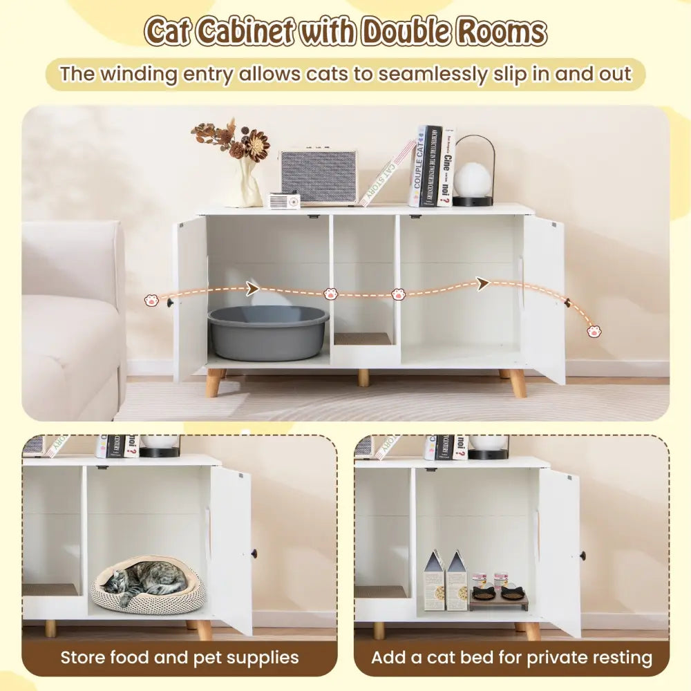 43 Inches Cat Litter Box Enclosure with Double Rooms and 2 Sisal Scratching Mats-White - White - Cat Houses