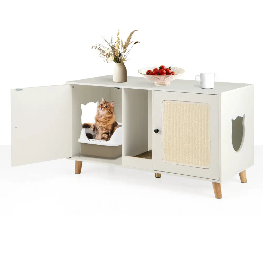 43 Inches Cat Litter Box Enclosure with Double Rooms and 2 Sisal Scratching Mats-White - White - Cat Houses