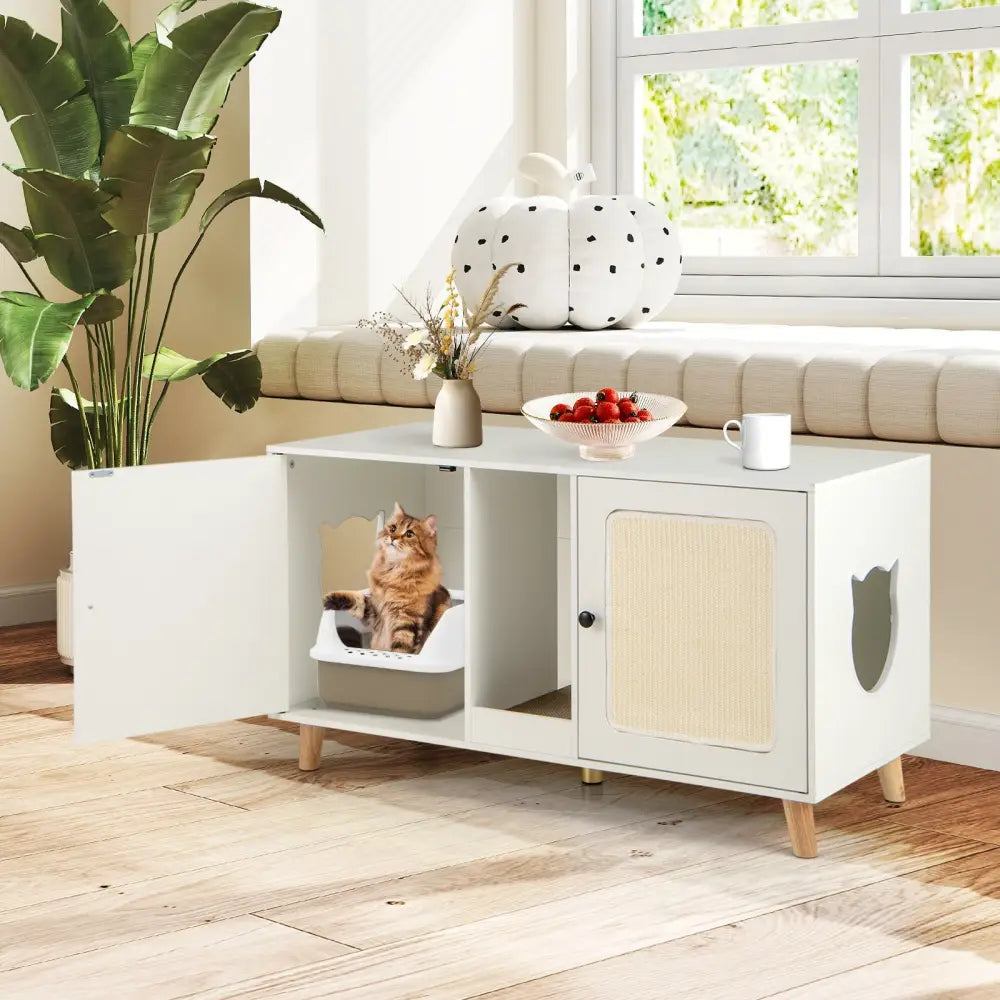 43 Inches Cat Litter Box Enclosure with Double Rooms and 2 Sisal Scratching Mats-White - White - Cat Houses
