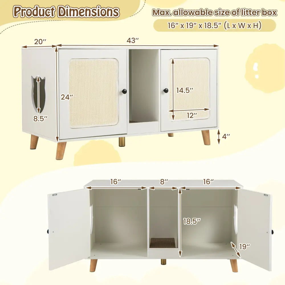 43 Inches Cat Litter Box Enclosure with Double Rooms and 2 Sisal Scratching Mats-White - White - Cat Houses