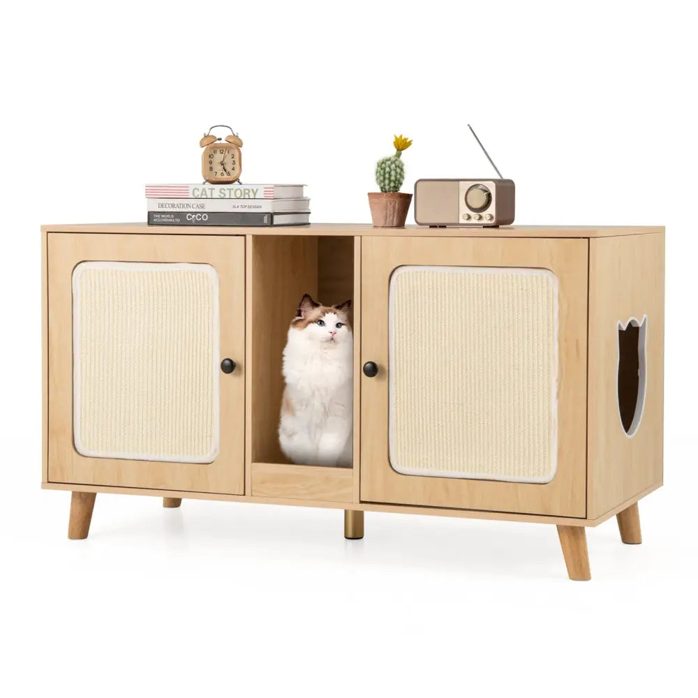 43 Inches Cat Litter Box Enclosure with Double Rooms and 2 Sisal Scratching Mats-Natural - Natural - Cat Houses