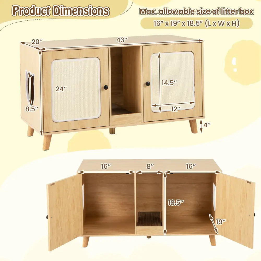 43 Inches Cat Litter Box Enclosure with Double Rooms and 2 Sisal Scratching Mats-Natural - Natural - Cat Houses