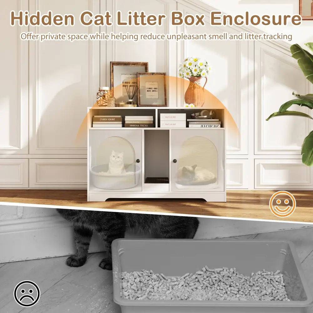 43 Inches Cat Litter Box Enclosure with Storage and Double Rooms-White - White - Cat Houses