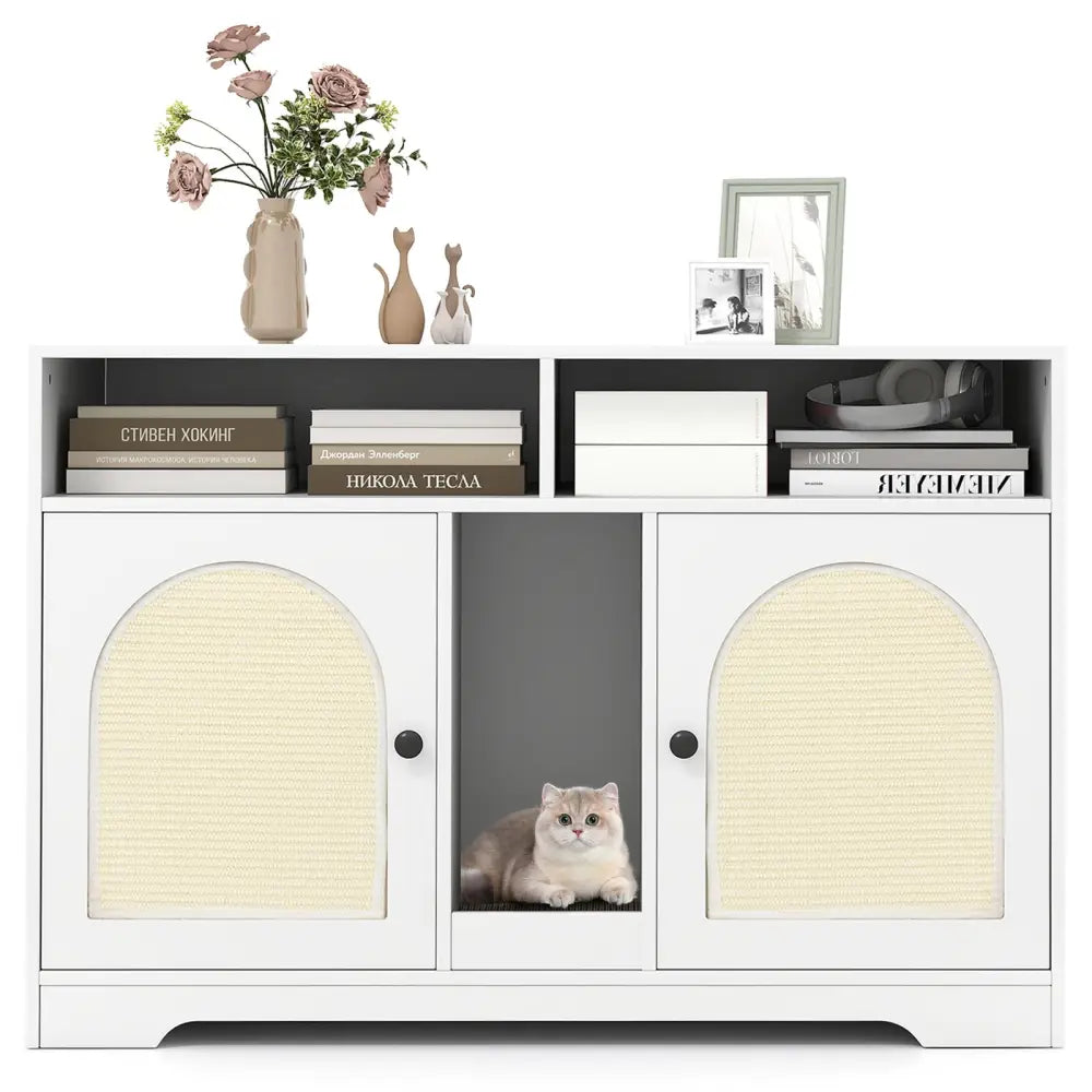 43 Inches Cat Litter Box Enclosure with Storage and Double Rooms-White - White - Cat Houses