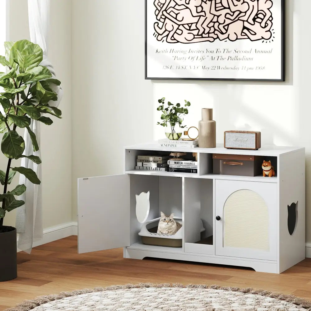 43 Inches Cat Litter Box Enclosure with Storage and Double Rooms-White - White - Cat Houses