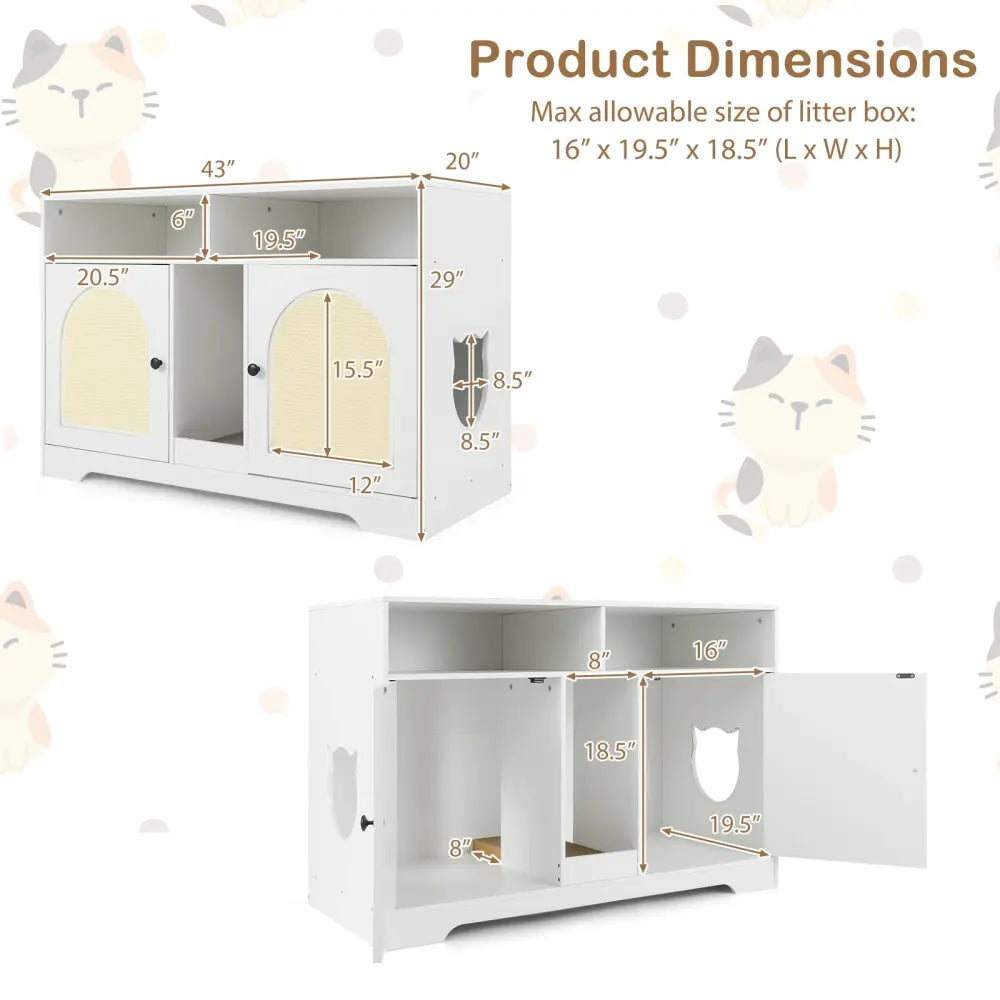 43 Inches Cat Litter Box Enclosure with Storage and Double Rooms-White - White - Cat Houses