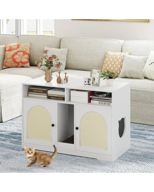 43 Inches Cat Litter Box Enclosure with Storage and Double Rooms-White - White - Cat Houses