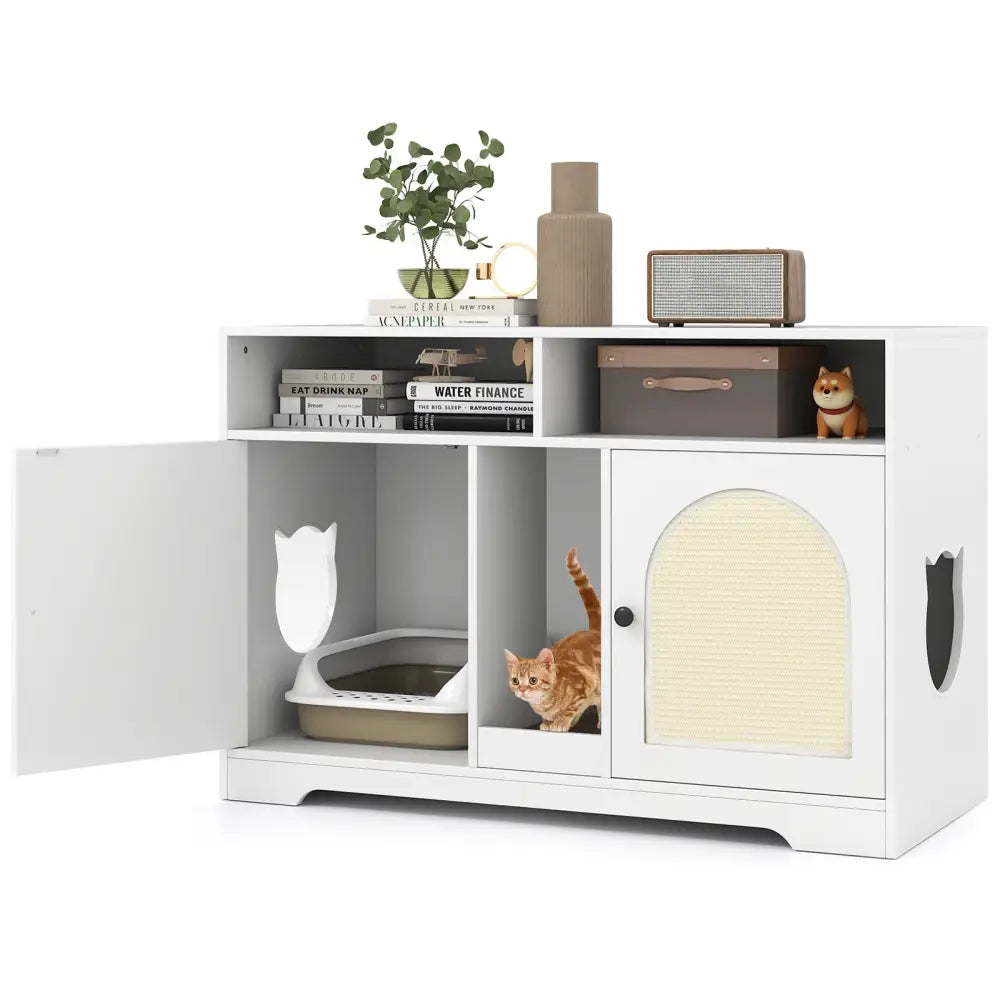 43 Inches Cat Litter Box Enclosure with Storage and Double Rooms-White - White - Cat Houses